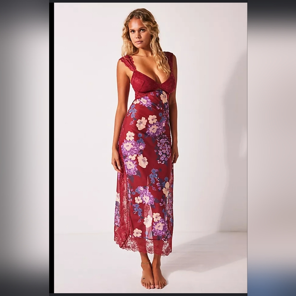 Free People Burgundy Floral Lace Trim Slip Dress
